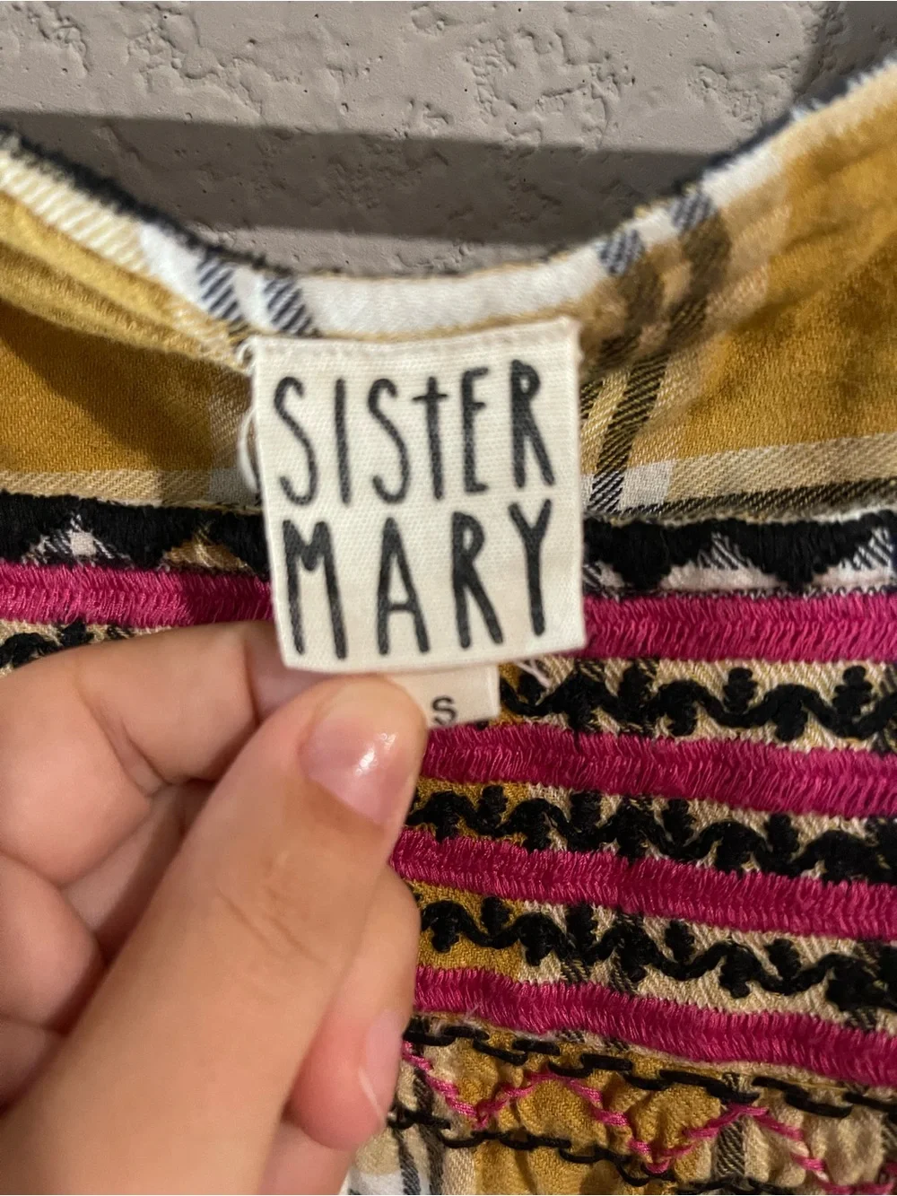 Sister Mary Yellow Plaid Embroidered Square-Neck Women's Top